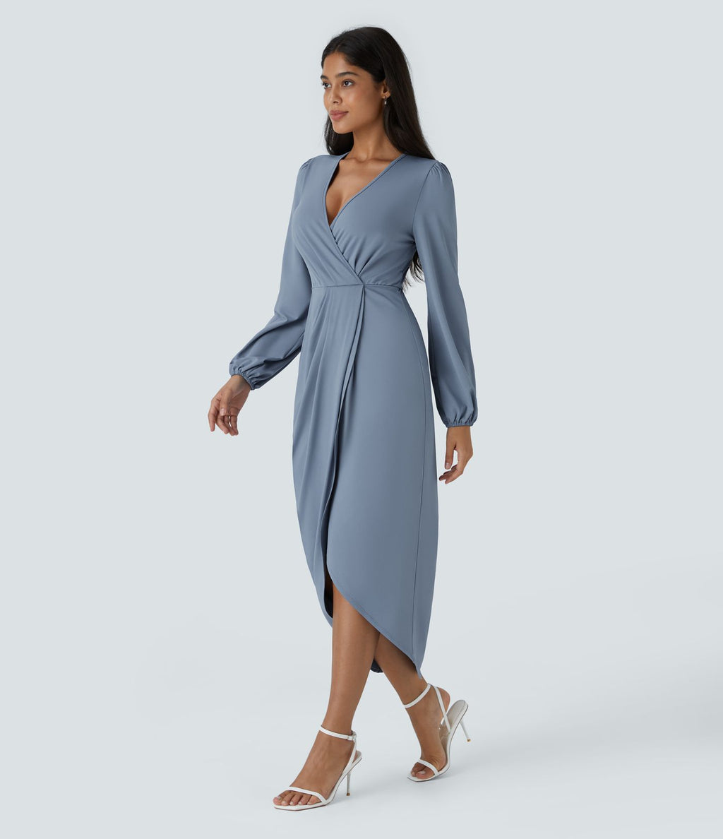 Robe de Soirée Mi-longue à Col V, Manches Longues, Plis et Ourlet Tulipe