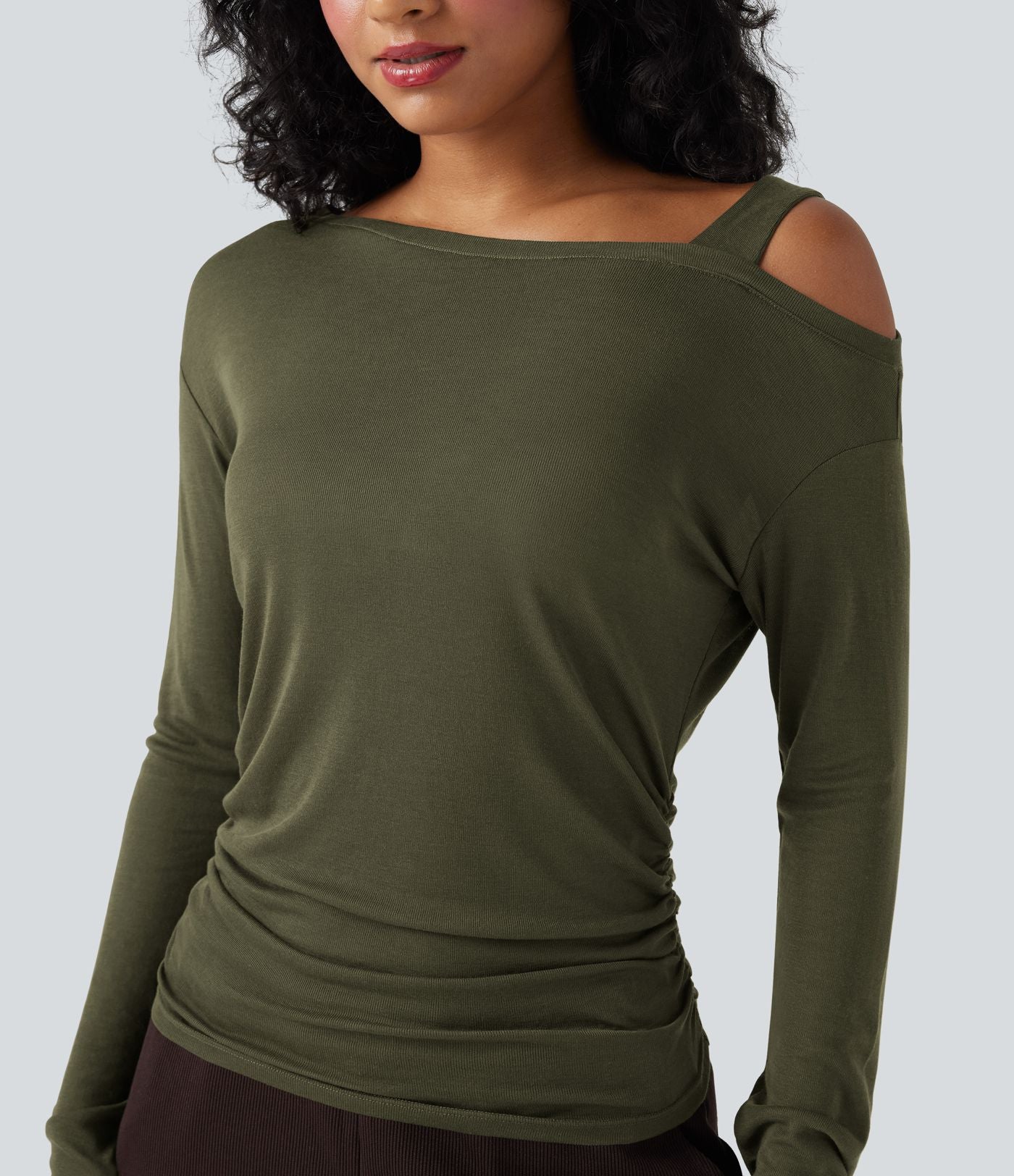 T-shirt décontracté asymétrique en mélange de laine à une épaule et manches longues
