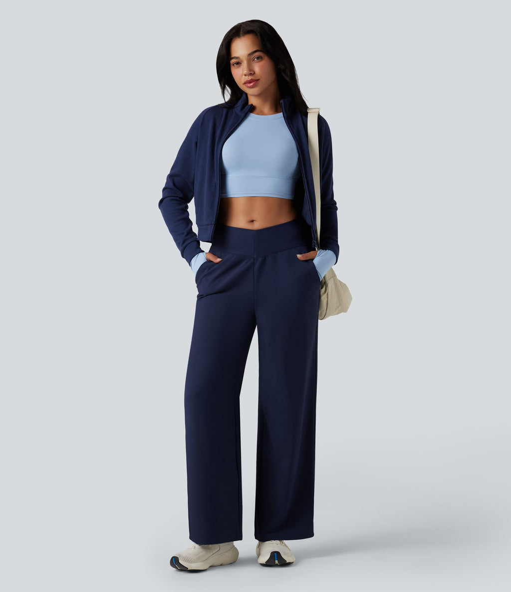 Pantalon de yoga ample thermique en polaire, dos en V, taille haute, avec poches