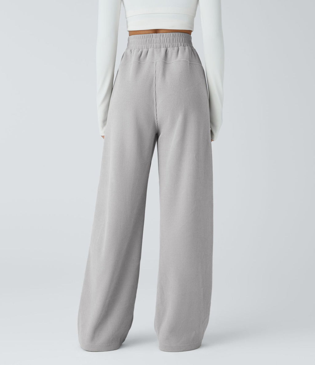 Pantalon velours côtelé de jogging décontracté à taille haute avec poches latérales