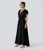 Robe Casual Maxi Flowy Encolure en V Profond Manches Papillon Dos Nu Cordon de Serrage Boutonnés Poches Latérales