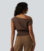 Pull casual asymétrique à épaule dénudée et manches courtes