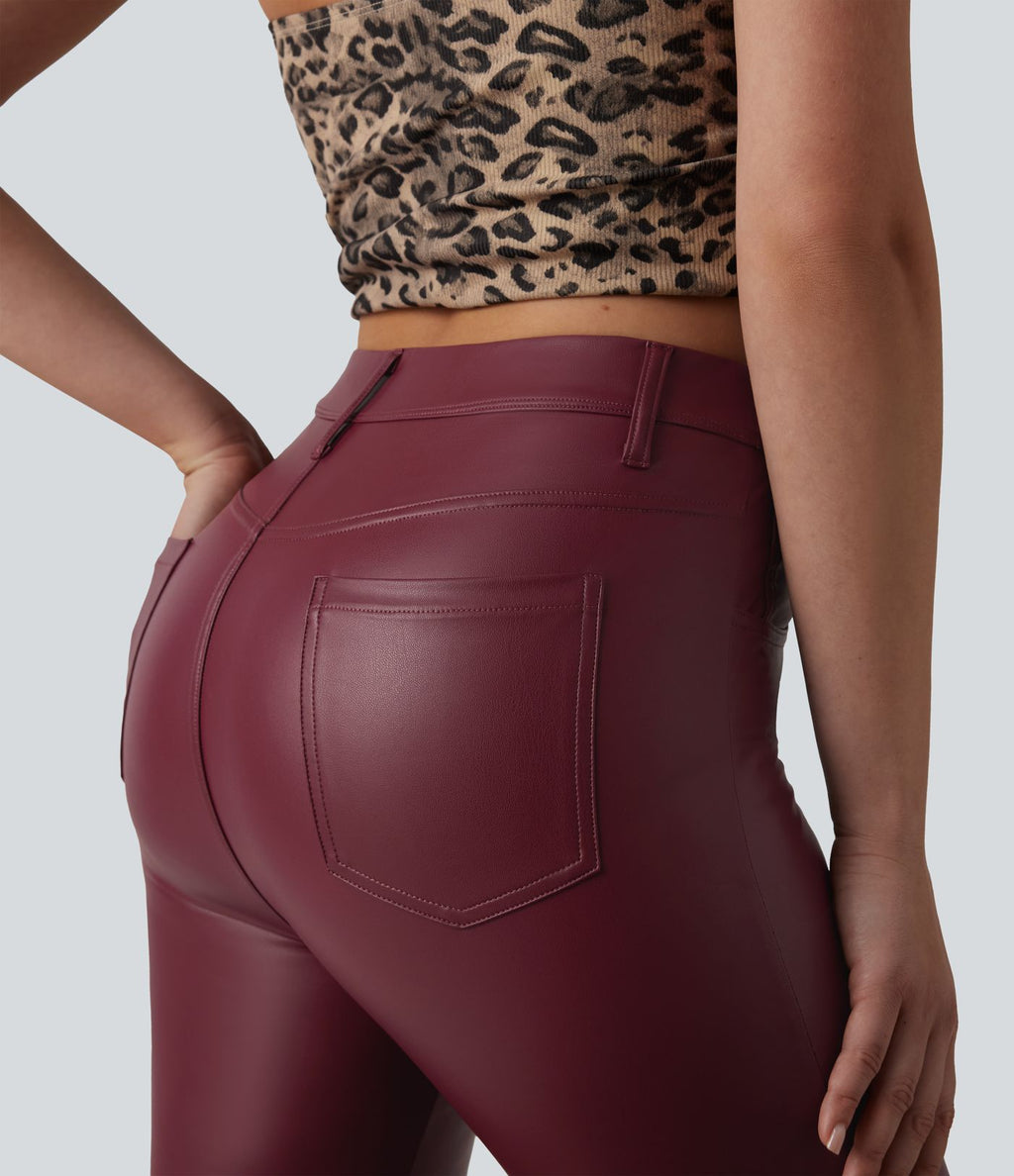 Pantalon casual bootcut taille haute en PU extensible avec poches