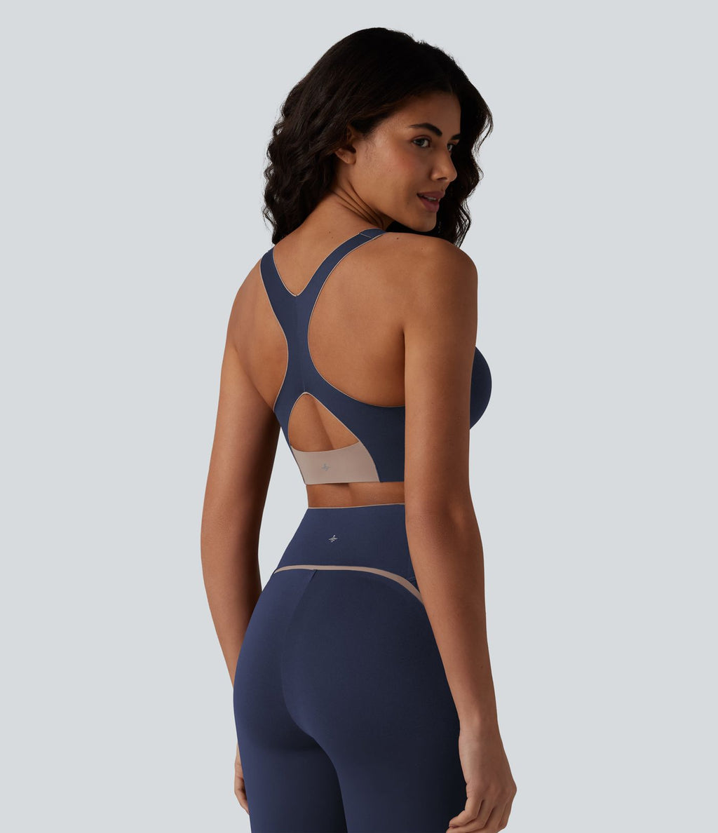 Brassière de sport maintien léger col U dos nageur color block avec soutien-gorge intégré