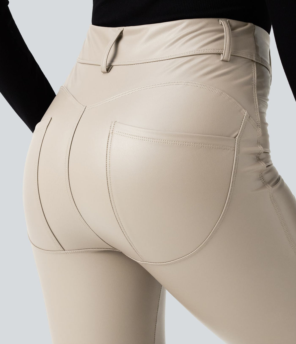 Pantalon polaire simili cuir extensible taille haute avec poches