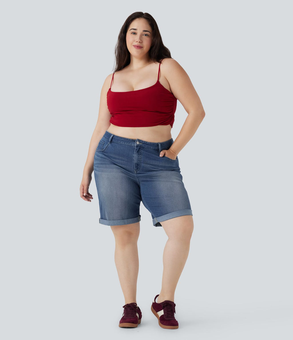 Short bermuda casual denim grande taille Halara Flex™ tricot extensible délavé taille haute multiples poches ourlet roulotté