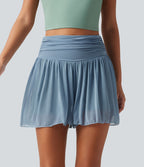 Short 2-en-1 taille haute gainant avec détails froncés, mesh contrasté avec poches, 7,5 cm