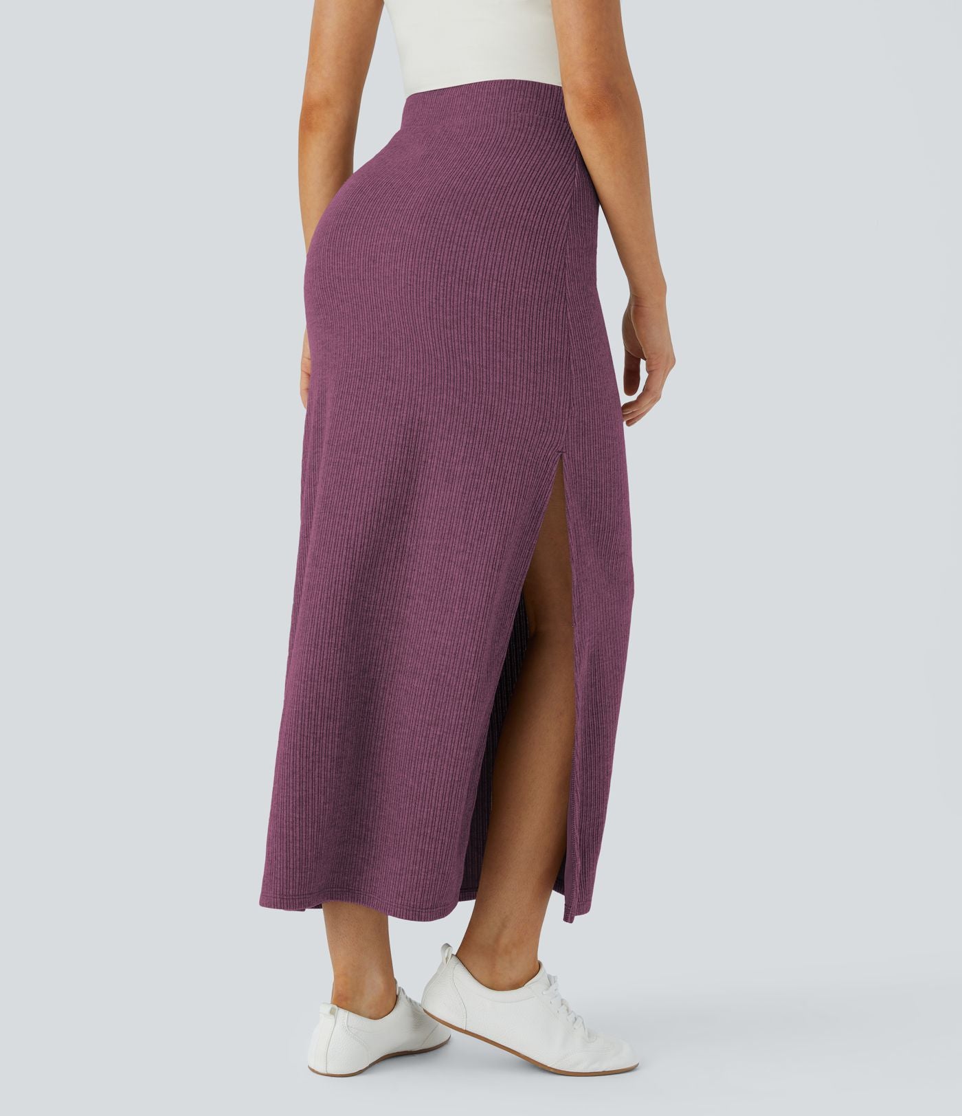 Jupe Casual Maxi à Taille Haute et Ourlet Fendu en A-Line en Côtes