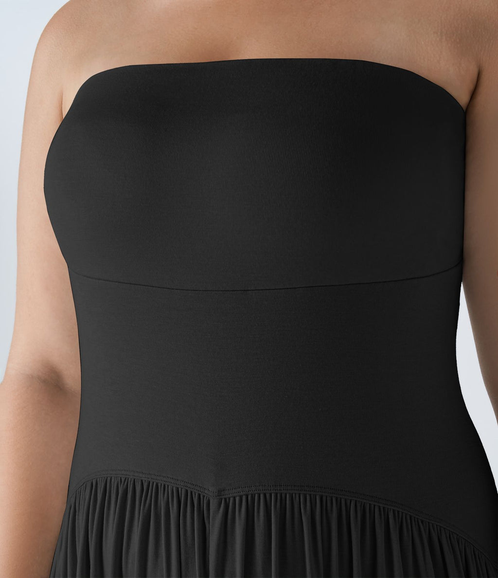 Combinaison Casual Grande Taille à Dos Nu en Tube Côtelé avec Poches Latérales Plissées