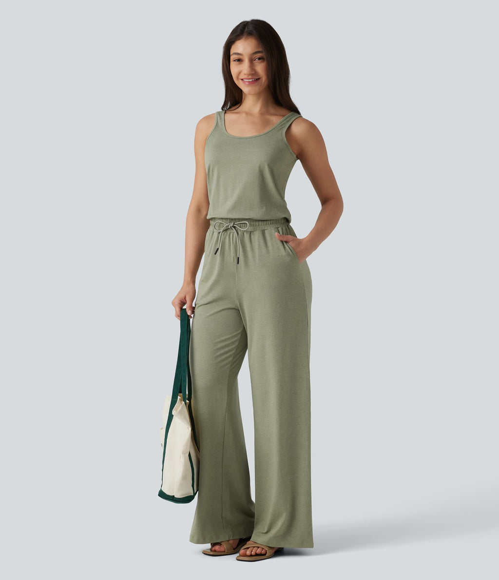 Combinaison casual baggy chinée sans manches à col U et cordon de serrage avec poches — Édition Easy Peasy