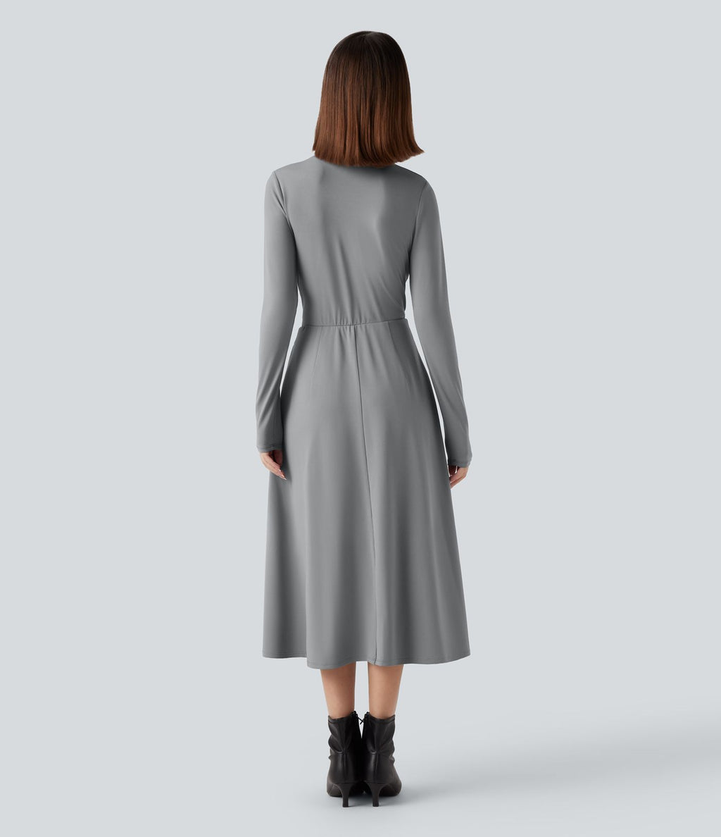 Robe de travail mi-longue col montant à manches longues avec poches