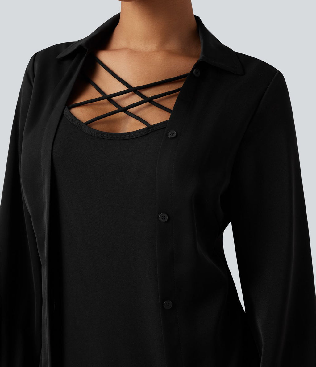 Chemise 2-en-1 défroissage facile, détail croisé, ourlet arrondi et color block