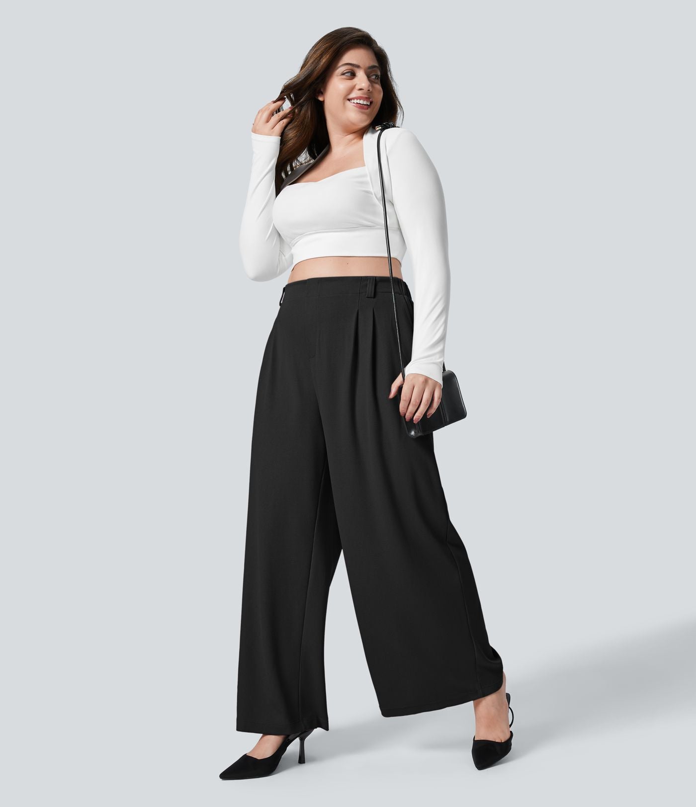 Halara Flex™ Pantalon tailleur Grande taille à Taille Haute, Poches Latérales Plissées, Jambes Larges, en Tissu Gaufré