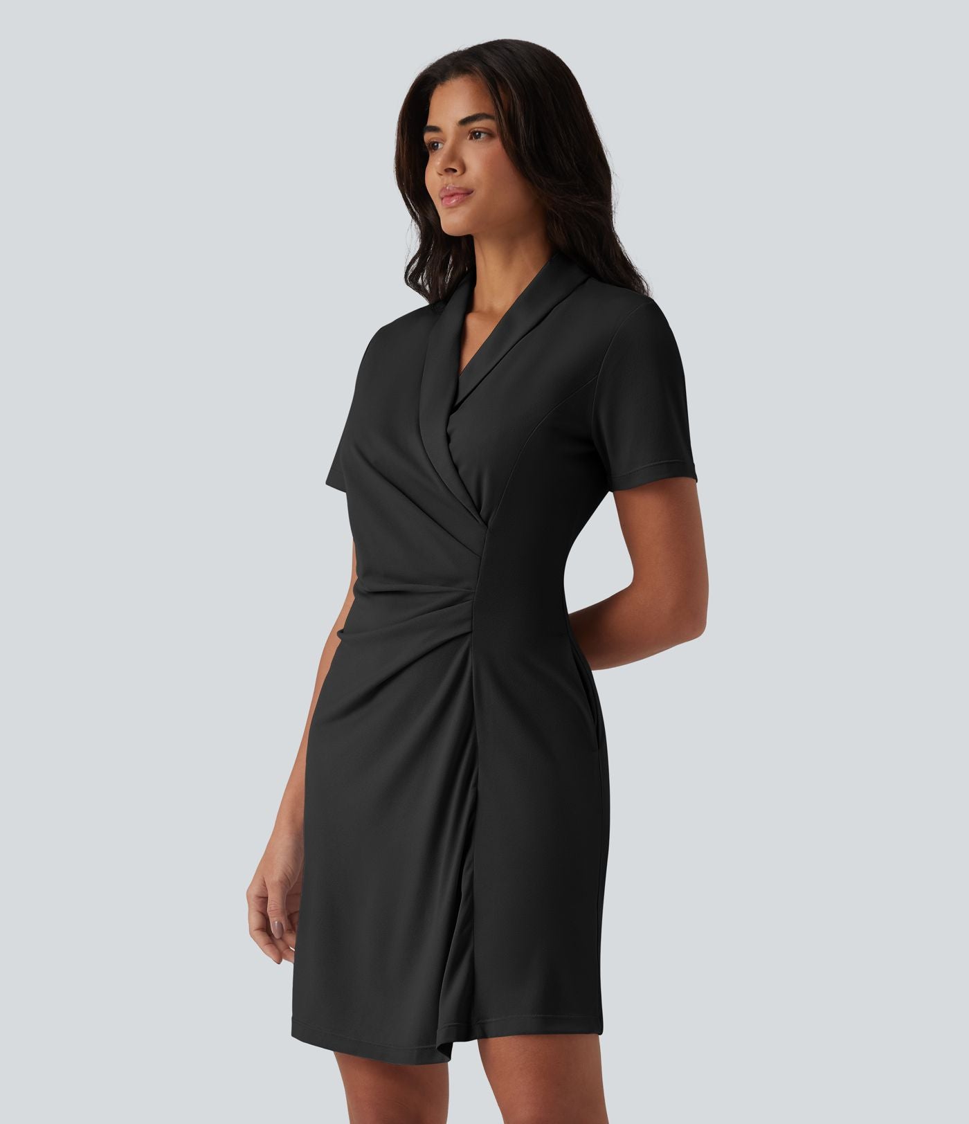 Robe tailleur courte col châle manches courtes