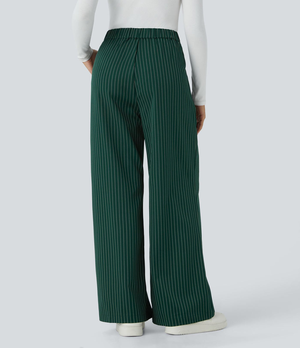 Pantalon Tailleur Large Fluide à Rayures, Taille Haute, Bouton et Fermeture Éclair, Poches Latérales