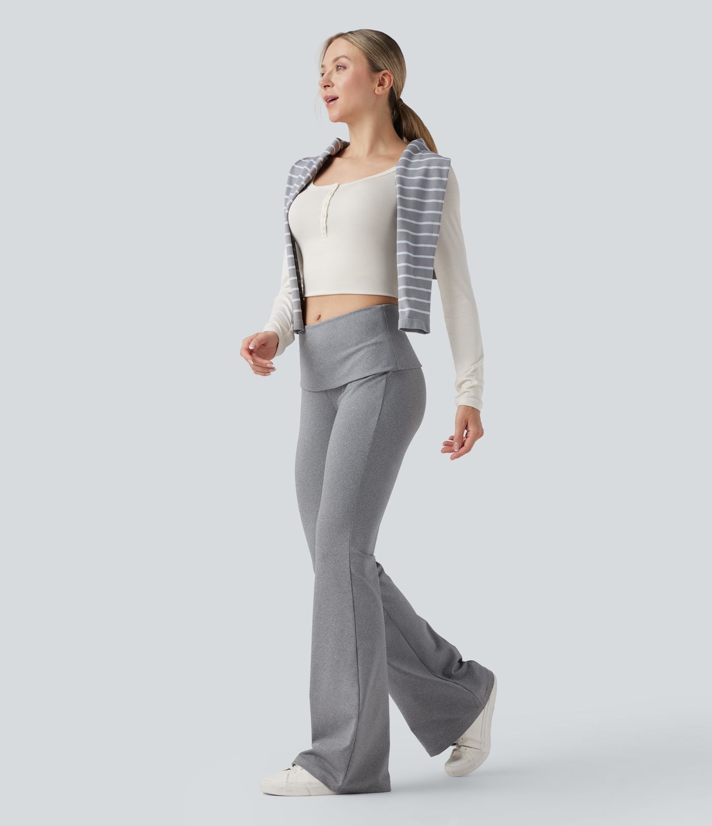 Pantalon casual bootcut taille mi-haute à ceinture repliable