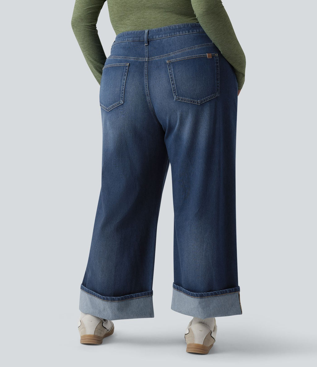 Jean casual grande taille Halara Flex™ tricot extensible délavé taille haute jambe large ourlet roulotté avec poches