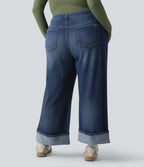 Jean casual grande taille Halara Flex™ tricot extensible délavé taille haute jambe large ourlet roulotté avec poches