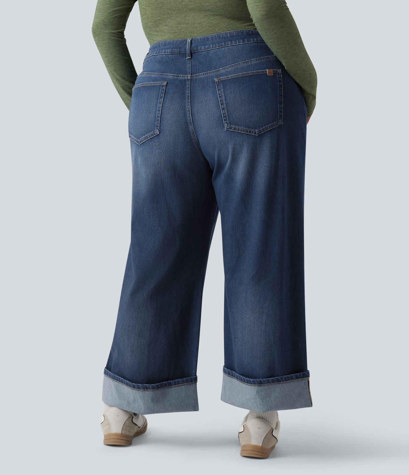 Jean casual grande taille Halara Flex™ tricot extensible délavé taille haute jambe large ourlet roulotté avec poches