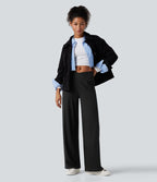 Pantalon droit décontracté côtelé croisé gainant taille haute avec poches