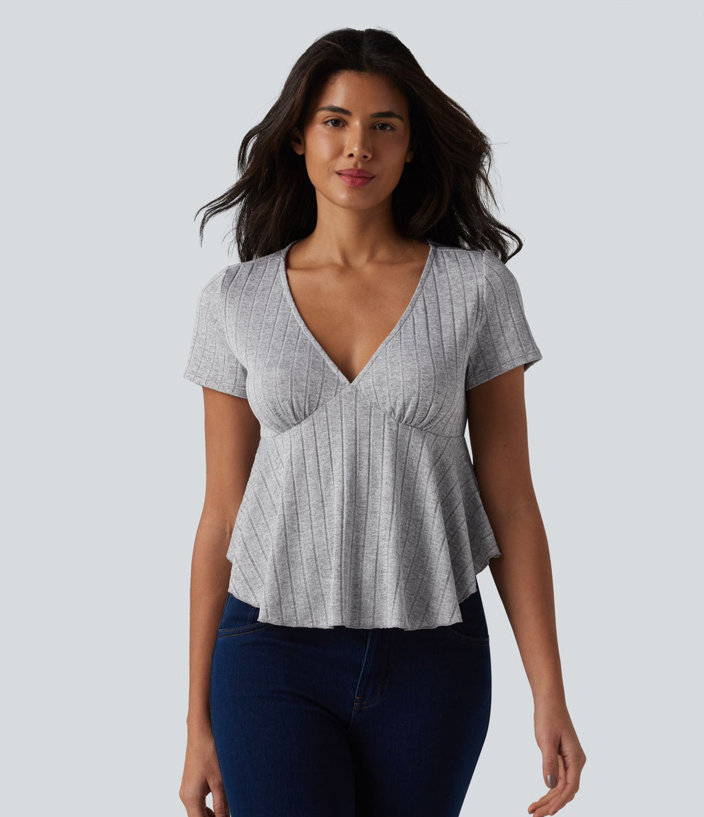 T-shirt casual babydoll en maille côtelée à col V, manches courtes et ourlet à volants