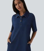 Halara Flex™ Robe courte en denim col classique manches courtes avec poches