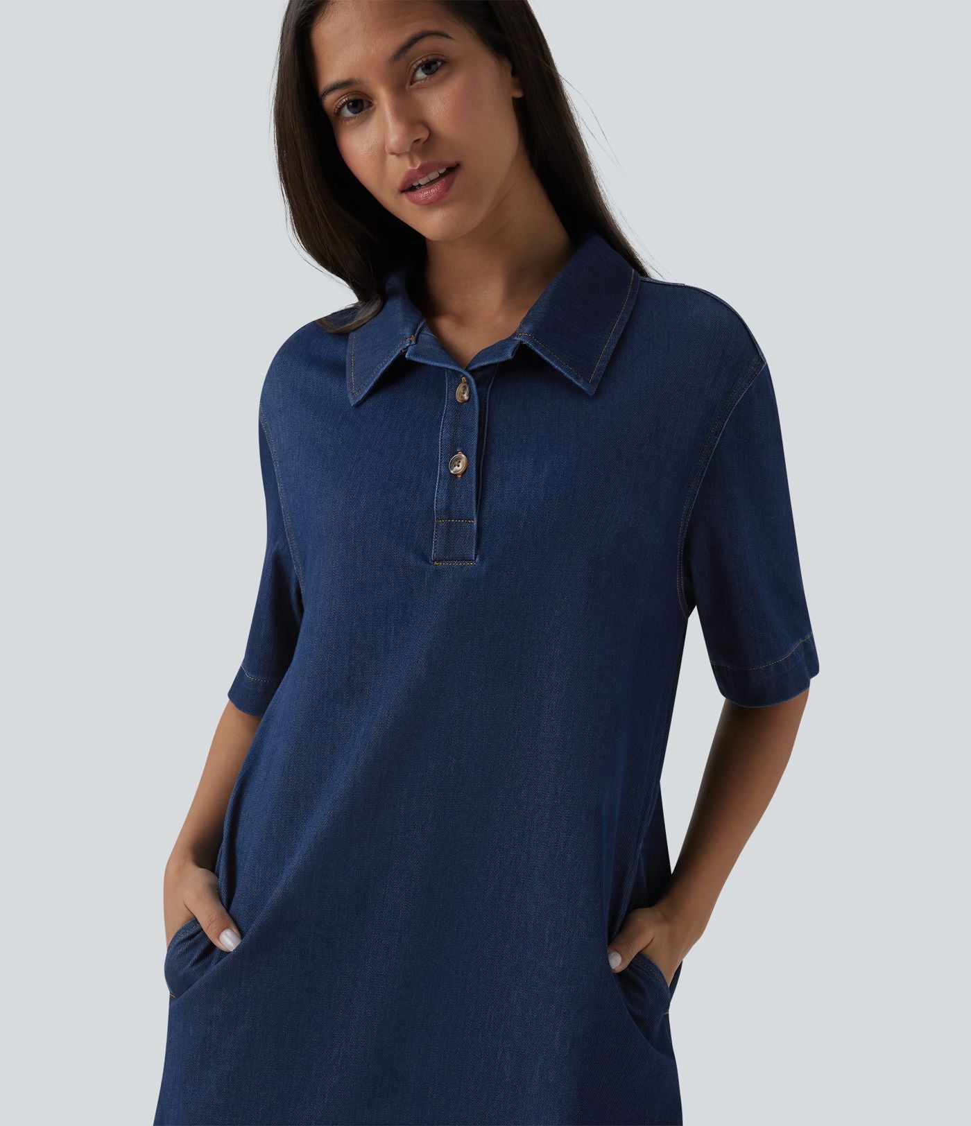 Halara Flex™ Robe courte en denim col classique manches courtes avec poches