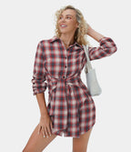 Robe Casual de Mini à Carreaux avec Col Boutons et Nœud à l'Avant