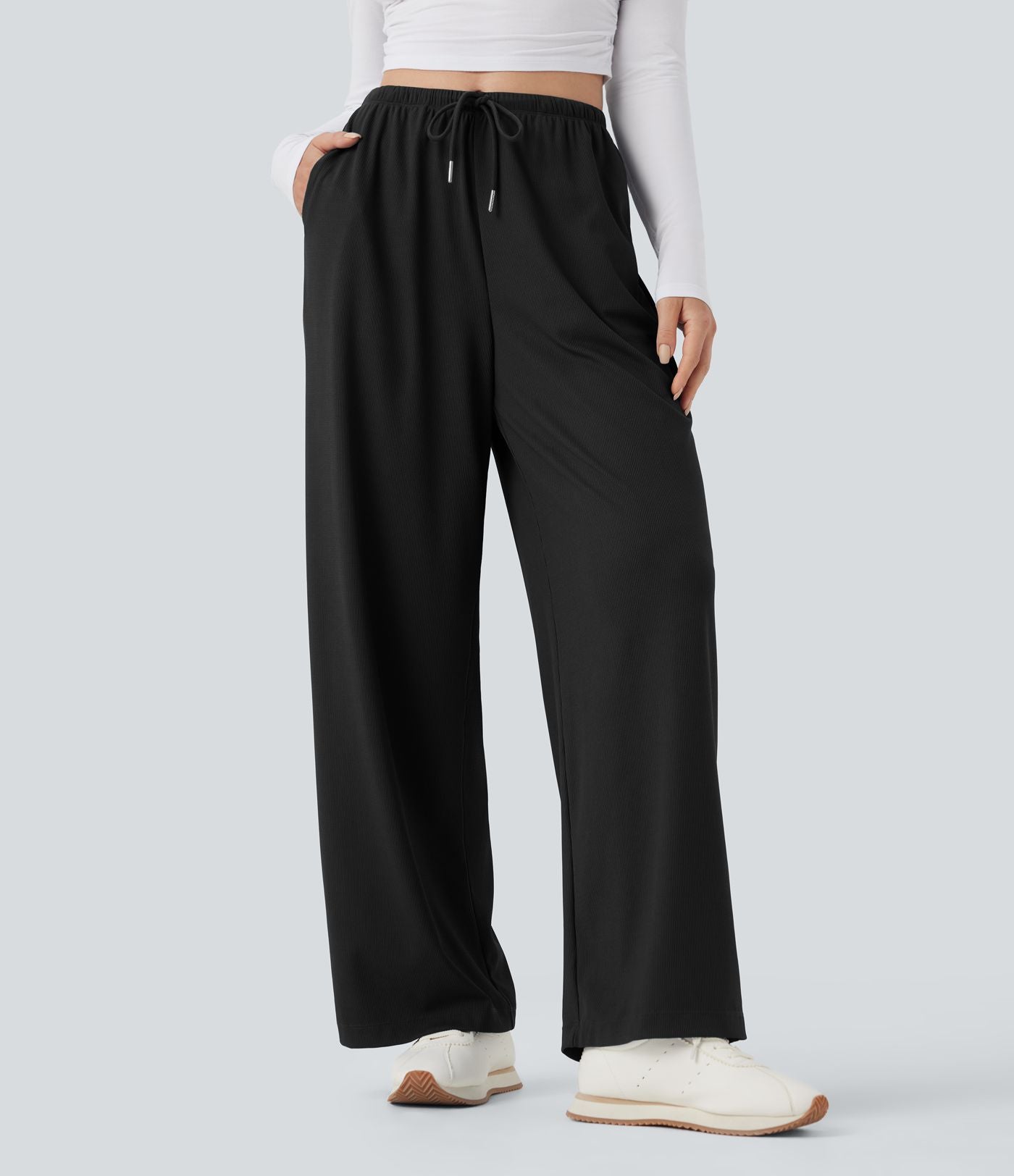 Pantalon de yoga tissu gaufré taille mi-haute jambe droite avec cordon de serrage et poches