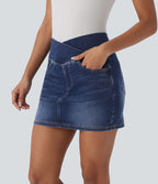 Halara Flex™ Jupe en Jean courte en maille extensible délavée à taille haute croisée avec poches multiples