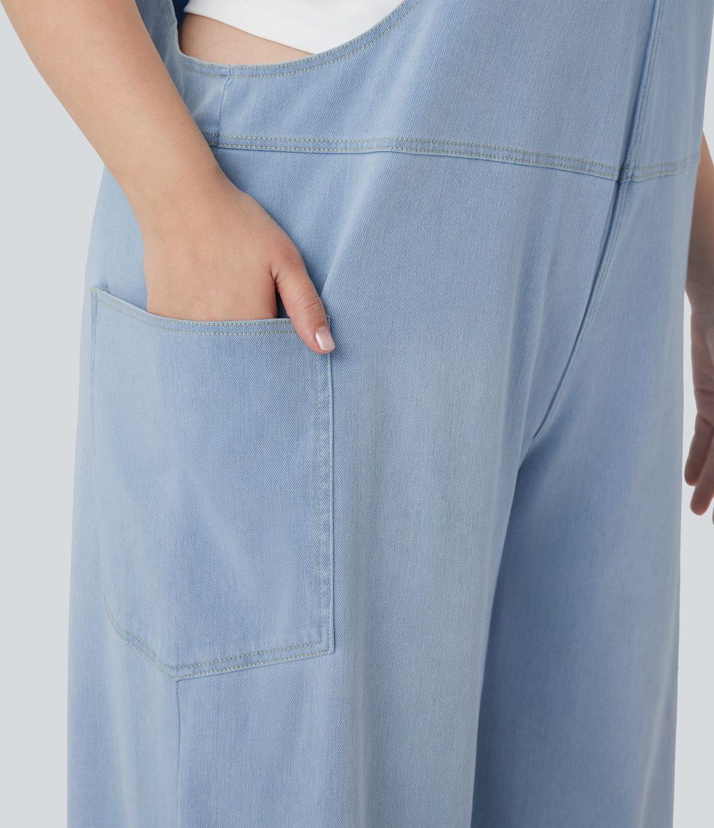 Salopette décontractée Halara Flex™ grande taille en maille denim extensible délavée col V avec poches
