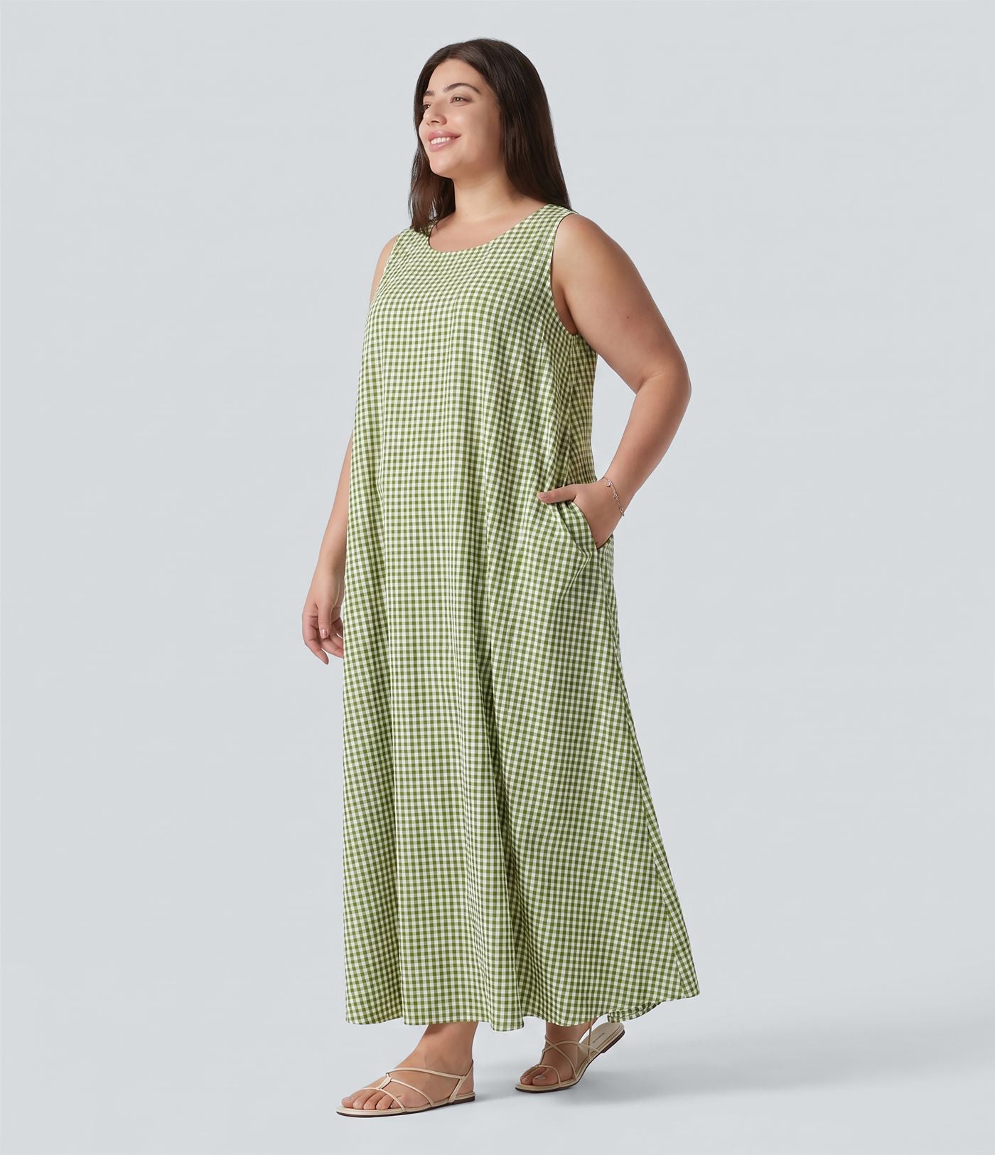 Robe débardeur midi sans manches col rond en vichy froissé grande taille à poches