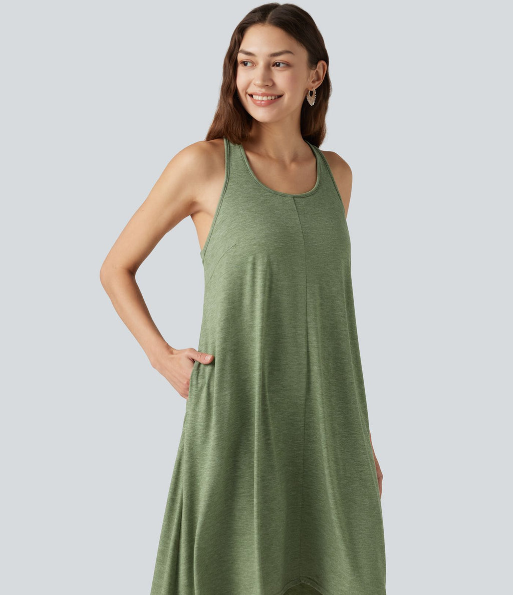 Robe midi fluide à dos nageur, soutien-gorge intégré, ourlet asymétrique et poches