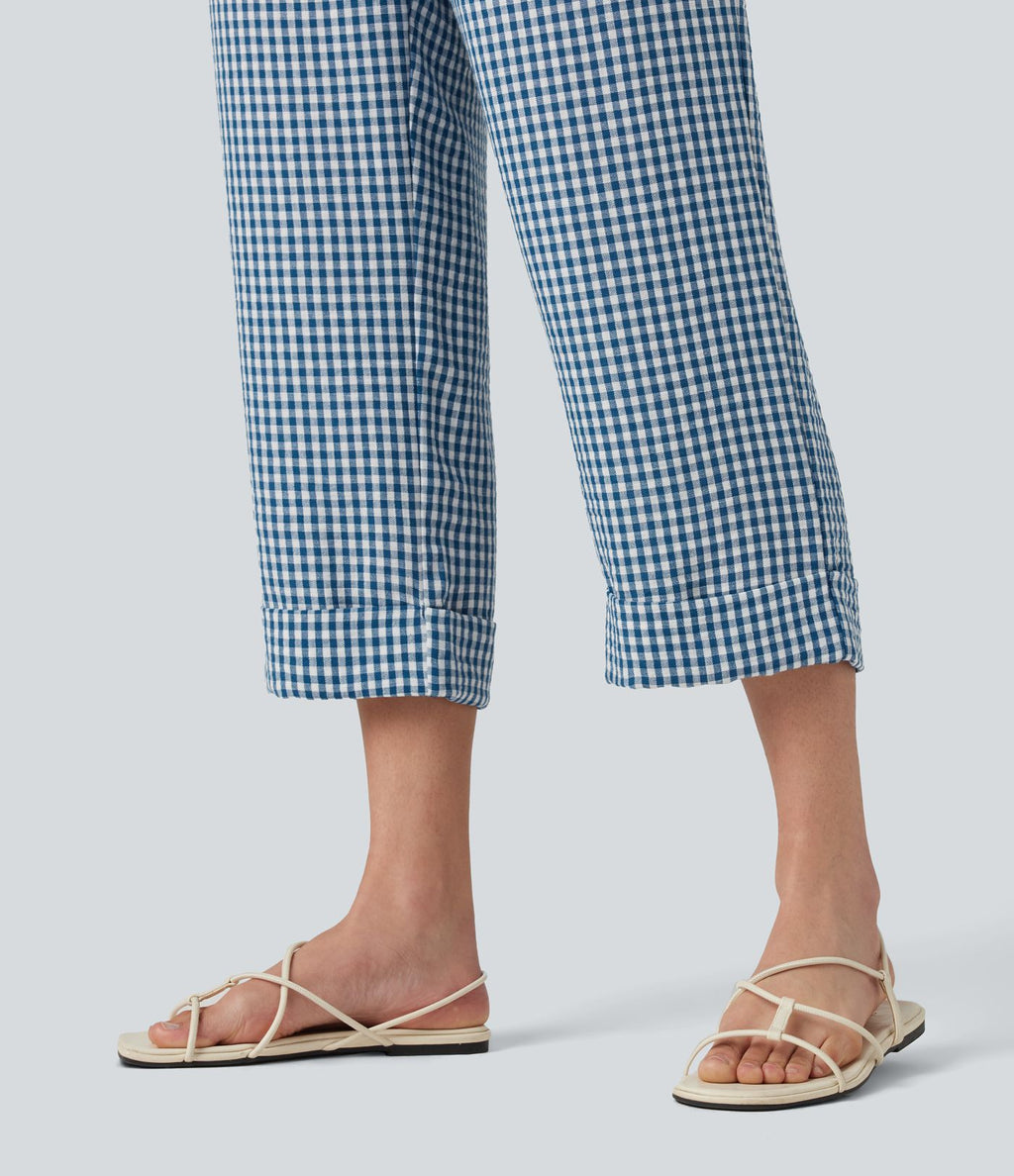 Pantalon 7/8 décontracté aspect lin à carreaux taille haute avec poches