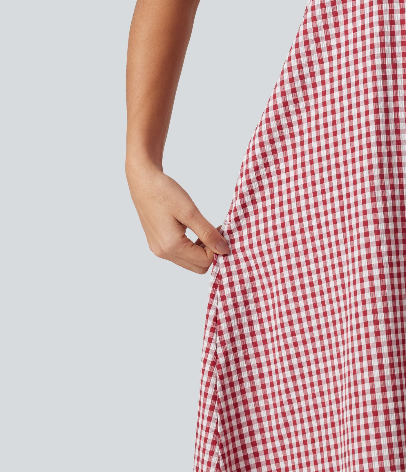 Robe débardeur midi décontractée col rond sans manches en vichy froissé avec poches
