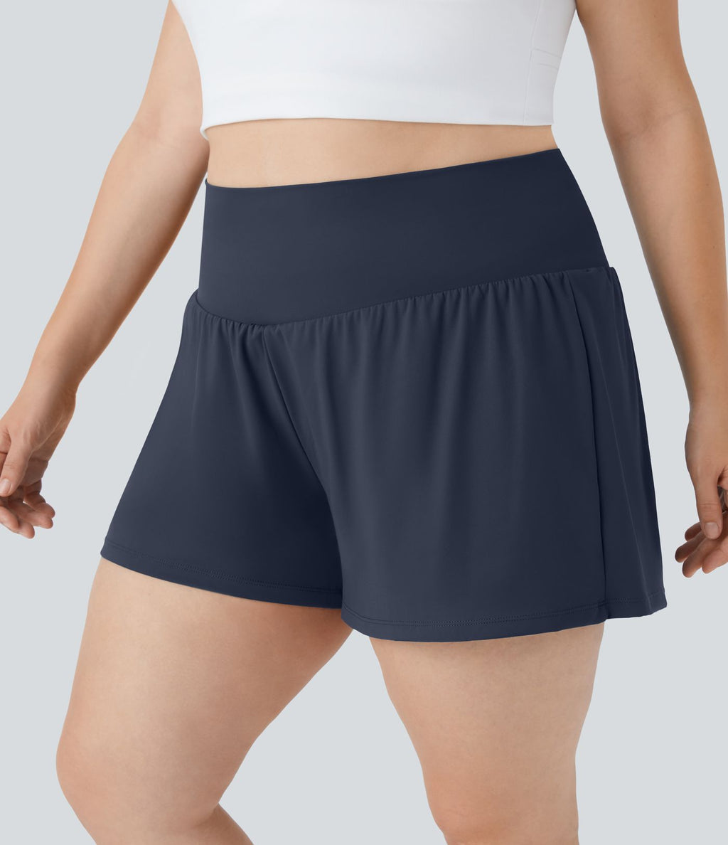 Short Yoga 10cm Plus Longue Taille Ultra Haute 2 en 1 Poche Arrière Poche Cachée Latérale Grande Taille