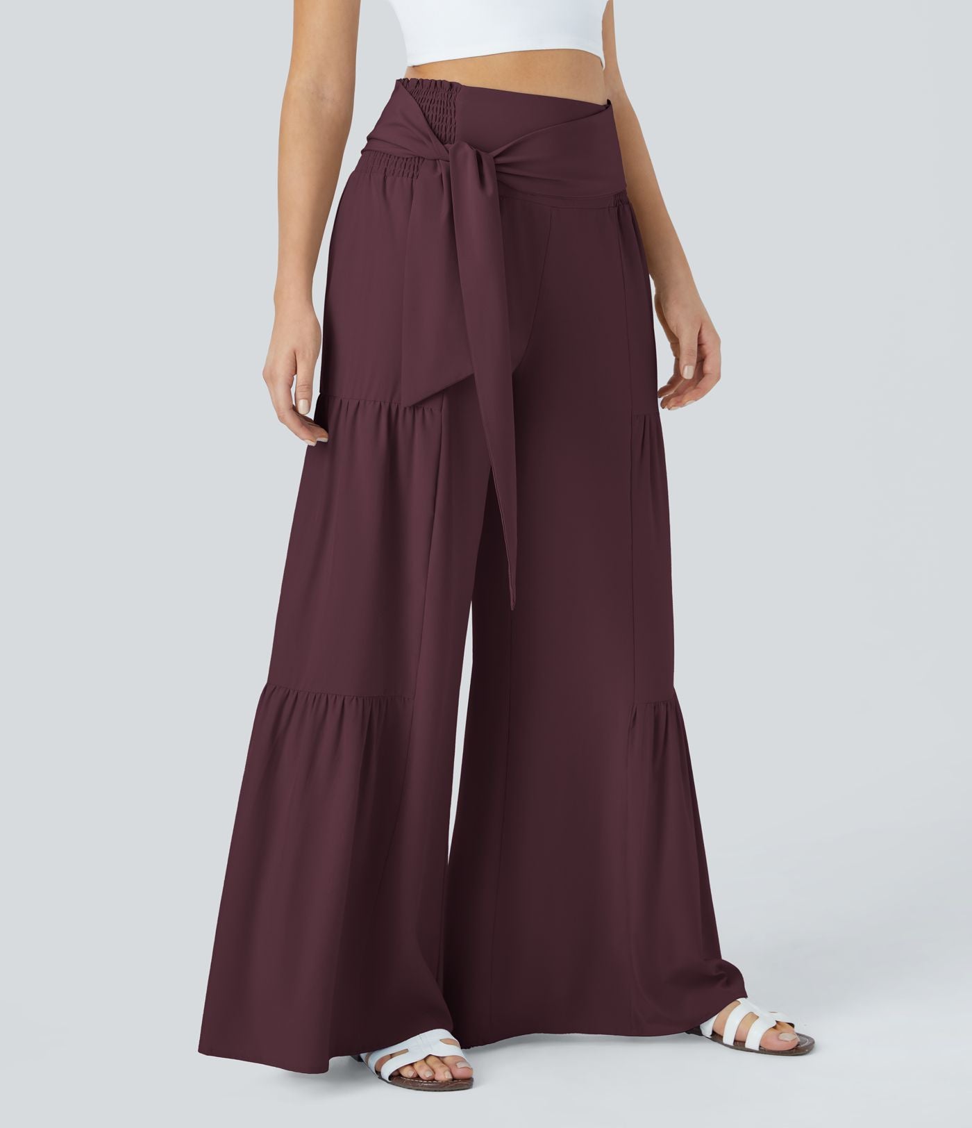 Breezeful™ Pantalon Large Casual Taille Haute Froncé à Nouer Devant et Dos Fluide Séchage Rapide