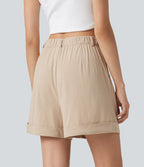 Short ample taille haute décontracté en lin stretch 10 cm avec poches