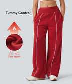 Pantalon large fluide polaire color block double ceinture gainant taille haute avec poches