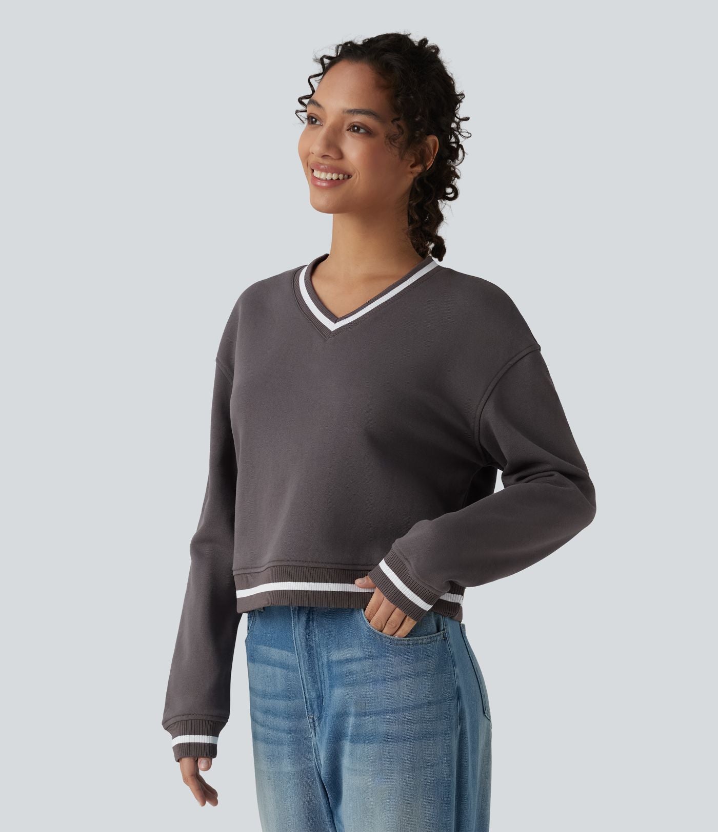 Sweat casual col V manches longues color block en coton
