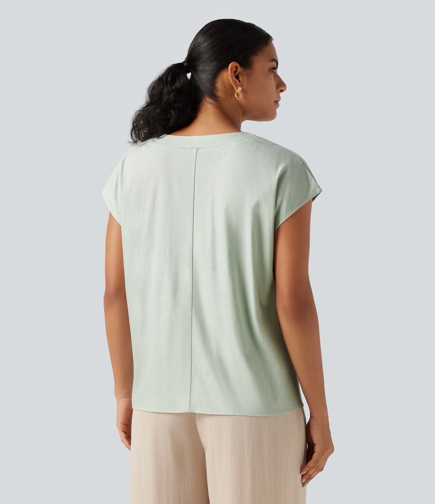 Blouse décontractée col V à mancherons en coton et lin