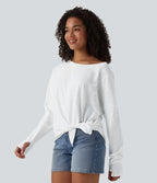 T-shirt casual en coton col bateau manches longues avec trous pour pouces et liens latéraux