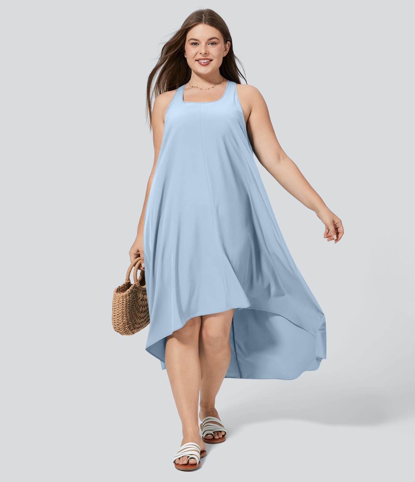 Breezeful™ Dos Nu Racerback Poche Latérale Haut Bas Fluide Midi Séchage Rapide Décontracté Robe Grande Taille