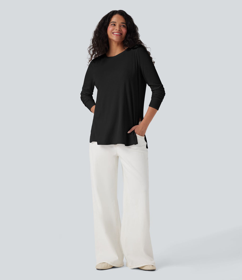 T-shirt décontracté maille côtelée manches longues ourlet fendu