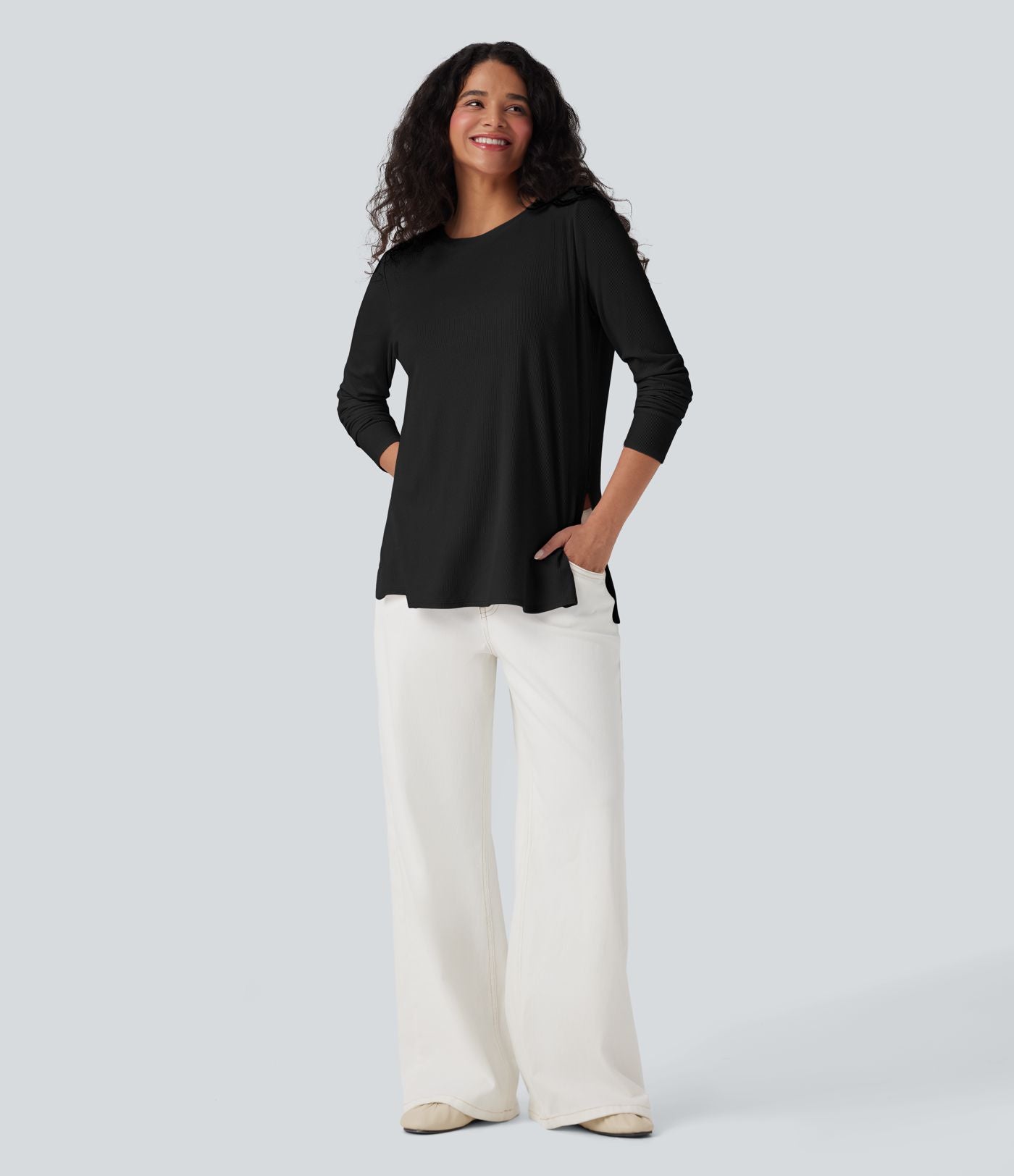 T-shirt décontracté maille côtelée manches longues ourlet fendu