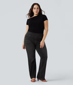 Jean décontracté Halara Flex™ grande taille bootcut taille haute en maille extensible délavée avec multiples poches