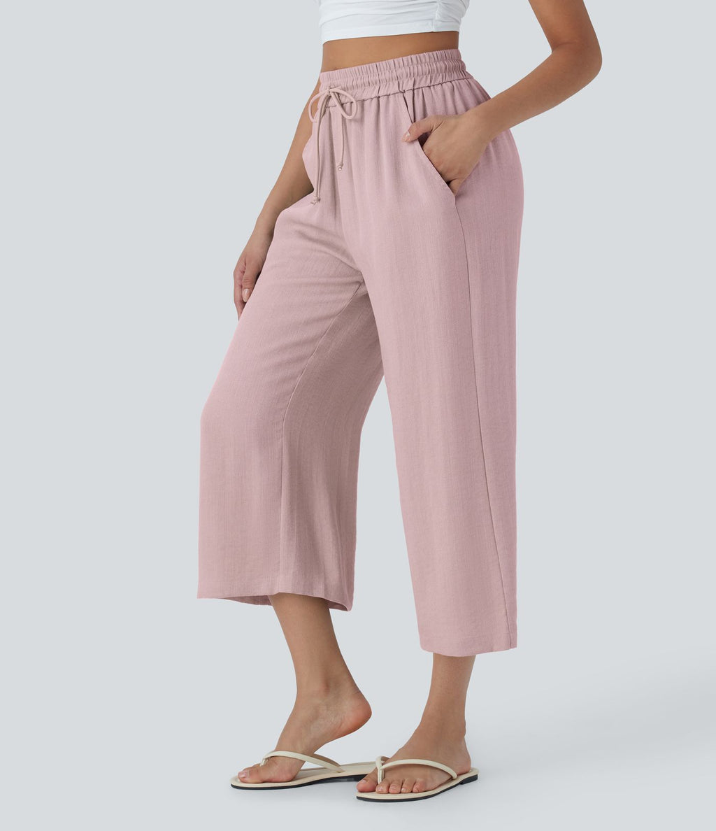 Pantalon décontracté aspect lin 7/8 à taille haute, jambe large avec cordon de serrage et poches latérales