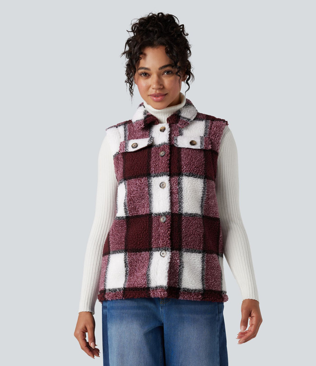 Gilet sherpa à carreaux ourlet arrondi