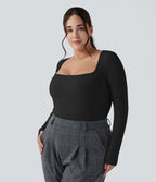 Body grande taille maille côtelée col carré manches longues ajusté