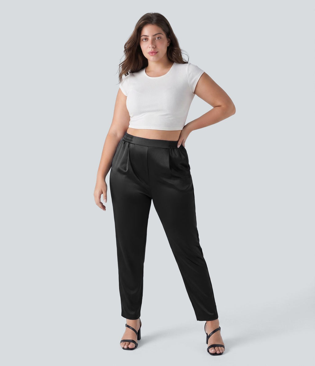 Pantalon tailleur fuselé en satin taille haute grande taille avec poches